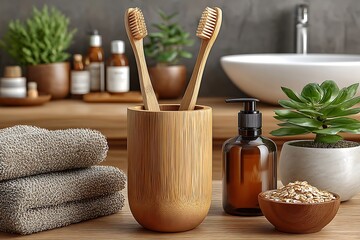 Wooden toothbrushes placed in bamboo stand high resolution picture