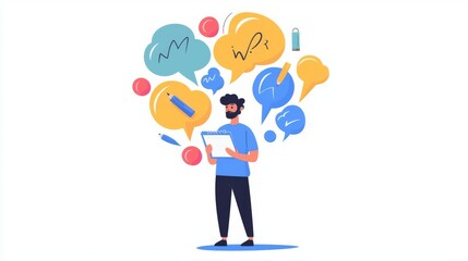 A young man stands with a tablet surrounded by colorful speech bubbles, representing communication and ideas.