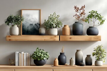 Wooden wall shelves with pottery display high resolution picture