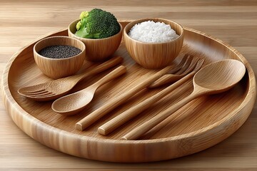 Wooden utensil set on bamboo tray high resolution picture