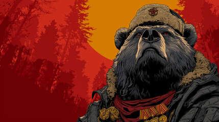 Cartoon bear wearing a hat with a sunset background in forest  