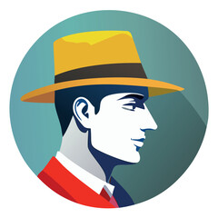 A simple and abstract vector logo depicting the side profile of a head only, with a hat worn by a sly smiling and talking gentleman