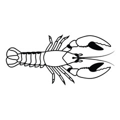 Outlined lobster displays large claws and detailed exoskeleton in simple black and white