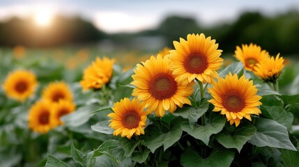Obraz premium Sunflowers reach for the horizon at sunset, creating a stunning backdrop for summer typography designs