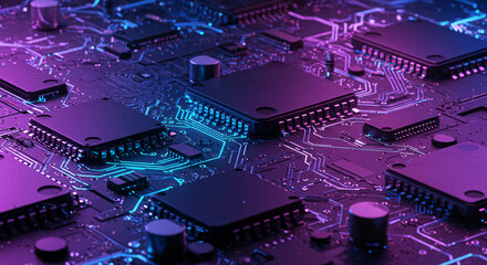 Close-up of Circuit Board with Neon Purple and Blue Lighting