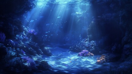Fototapeta premium Sunlight Shines Through Blue Underwater Scene with Coral Reef Fish and Rocks