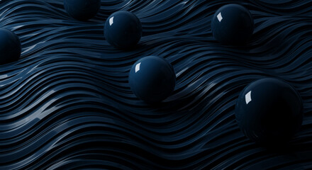 Dark Blue Abstract Background with Spheres on Wavy Surface