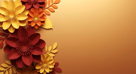 Autumnal Paper Flowers and Leaves on Orange Background