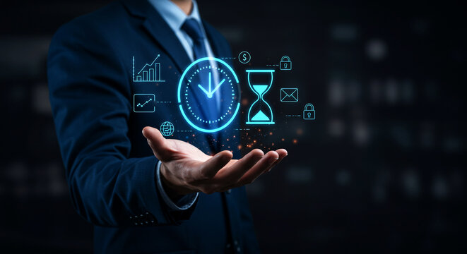 Businessman Holding Holographic Time Management Interface