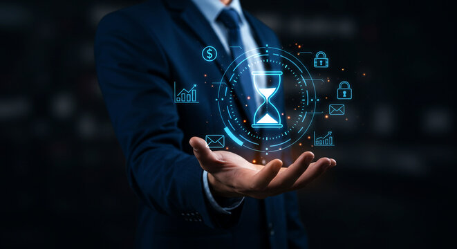 Businessman Holding Holographic Hourglass with Financial Data - Powered by Adobe
