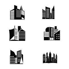 Vector illustrations of modern city buildings in black and white with minimalist designs.