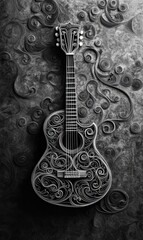 Ornate guitar, black and white, intricate design