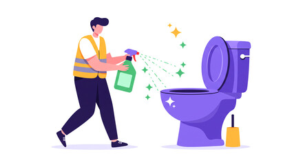 Man Cleaning Toilet With Spray Bottle