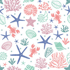 Beautiful seamless vector tropical pattern with lobster, corals, seaweed and sea stars.