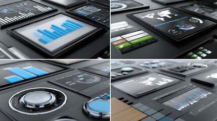 A futuristic dashboard showcases detailed charts and graphs in blue tones, emphasizing analytics against a smooth black backdrop