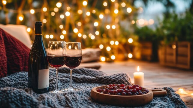 Romantic Outdoor Wine Picnic at Night with String Lights