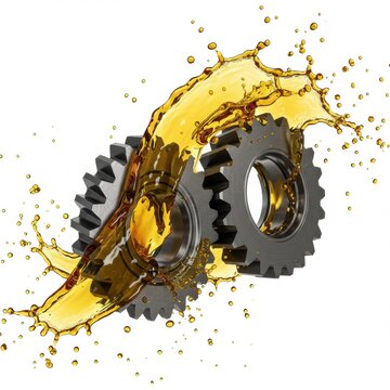 Interlocking gears with oil splash isolated on white background