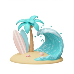 Tropical island with palm tree surfboard and ocean wave render