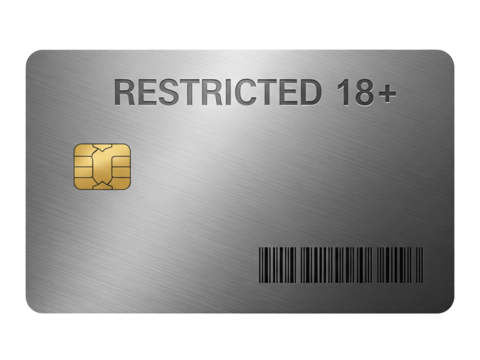 A metallic access pass card with engraved “RESTRICTED 18+” label, brushed steel texture, security chip and barcode details, isolated on a transparent background