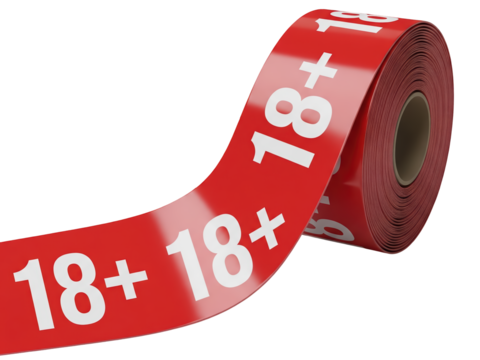 A warning tape roll, red with repeating bold “18+” white text, part of tape unrolled and twisting, rubbery texture and light reflections, isolated on a transparent background