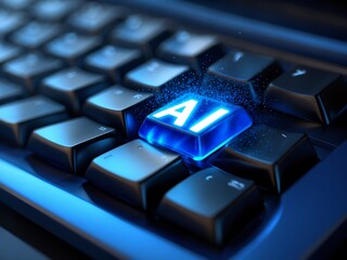 Closeup Blue Illuminated A I Key on Dark Computer Keyboard Shallow Depth of Field artificial intelligence