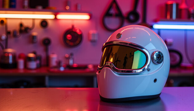 Glossy white motorcycle helmet with tinted visor on workshop table  