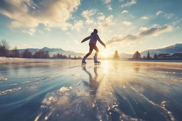 Performing graceful spins on a frozen lake during winter practice