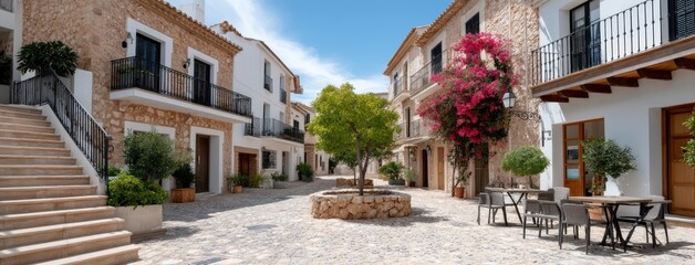 Explore a picturesque street vibrant bougainvillea, rustic stone steps, and beautiful white walls under a clear sky