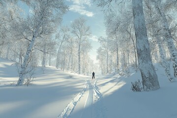 Person cross-country skiing through a snowy forest trail