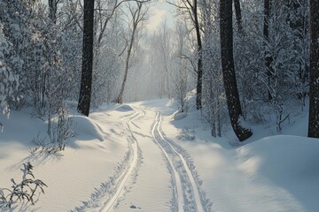 Person cross-country skiing through a snowy forest trail