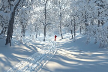 Gliding through a snow-covered forest on cross-country skis