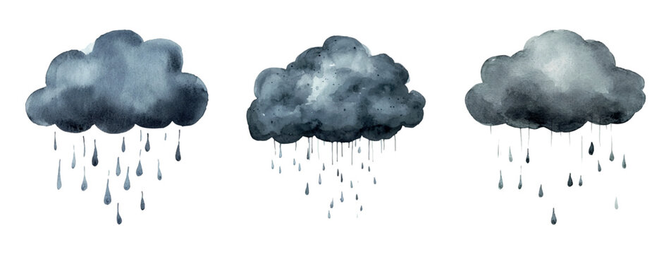 Set of gray watercolor rain clouds. Gray rain clouds with raindrops in watercolor style. Elements of weather, storm, rain, etc. Vector illustration.