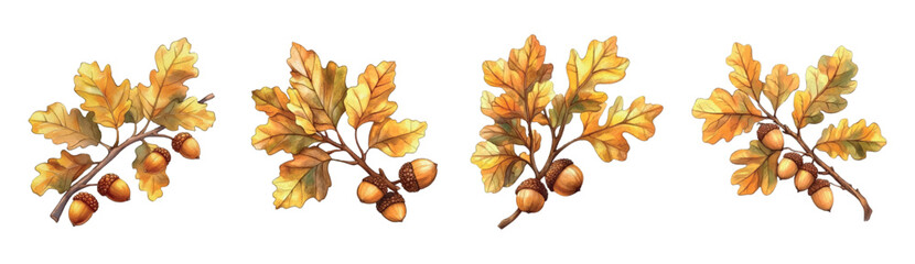 Watercolor set of autumn oak branches png. Branch of an oak tree with yellow leaves and acorns. Autumn natural elements of the forest, park, garden, etc. Watercolor autumn trees. © Narin