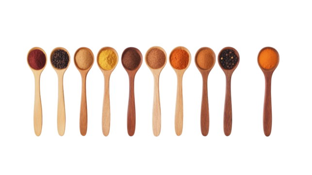 Assortment of spice powders in wooden spoons arranged in a radial pattern isolated on white background 