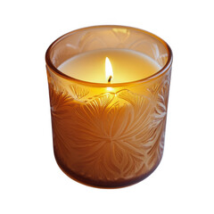 Lit amber glass candle with floral design isolated on transparent background