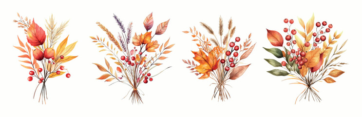 Watercolor set of autumn floral arrangements. Watercolor autumn compositions with autumn leaves, cranberries. spikelets and other autumn flowers. Watercolor autumn floristry.