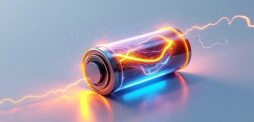 Modern battery with energized electrical energy power concept illustration on blue background