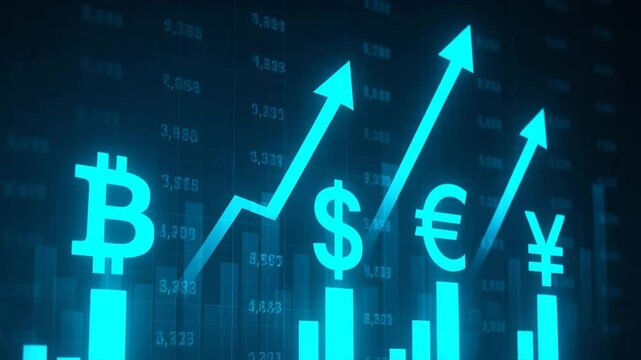 Modern financial growth concepts illustrated with rising currency symbols and graphs, representing trends in the economy, cryptocurrency, and market analysis.