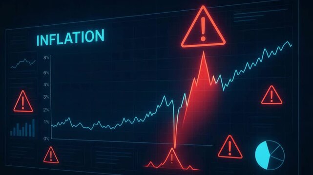 A digital graph depicting rising inflation, with warning signs highlighting significant changes in economic trends