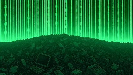 A digital landscape depicts a mountain of discarded electronics against a backdrop of cascading green binary code, symbolizing the intersection of technology and e-waste. - Powered by Adobe
