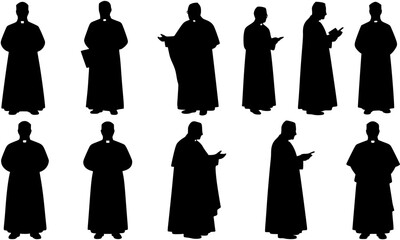 Priest silhouettes set, clergy pack of vector silhouette design, isolated background
