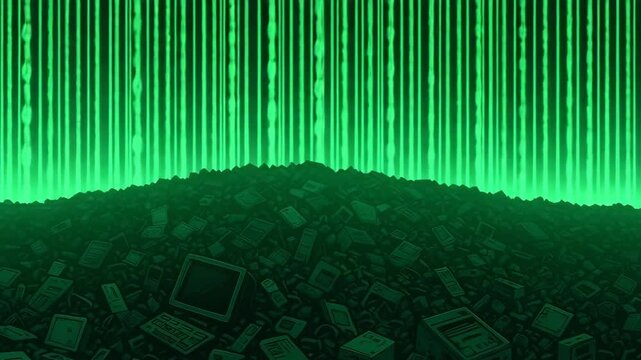 A digital landscape depicts a mountain of discarded electronics against a backdrop of cascading green binary code, symbolizing the intersection of technology and e-waste.