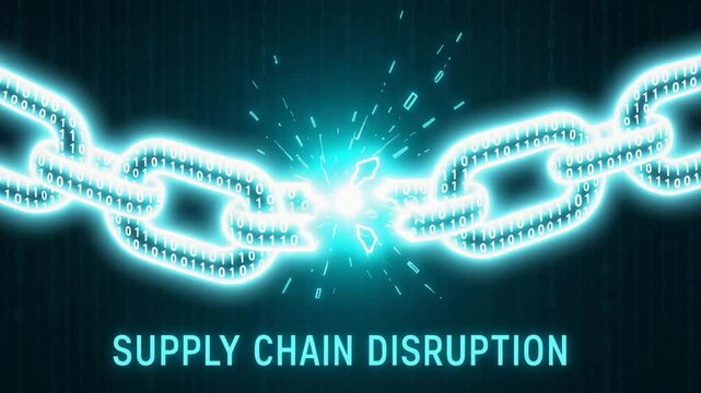 Visual representation of supply chain disruption, featuring a broken digital chain with an illuminating spark, symbolizing the challenges and risks in supply chain management.