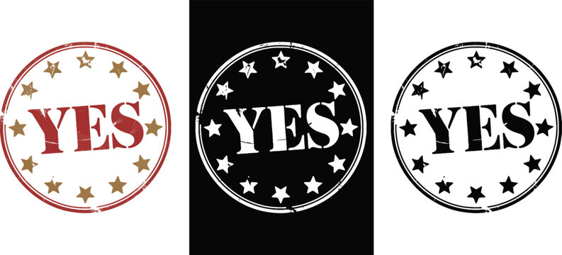 A vintage yes stamp with red text and gold stars in a circular pattern