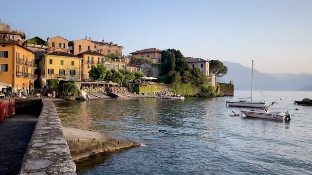 Panoramic view of Varenna at sunset , Lake Como, Italy.