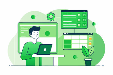 Green office scene, person with laptop, green screens, gears, workplace innovation, digital work, vector illustration.