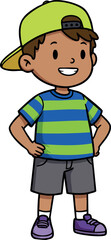 Smiling boy wearing green cap and striped blue green shirt standing confidently vector illustration 