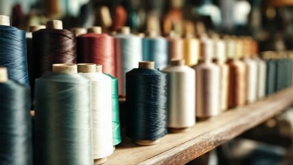 Assorted spools of multi-coloured cotton threads, abstract textile industry background - Powered by Adobe