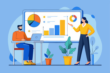 Team business report, woman presenting data graph, man with laptop, pie chart and bar graph, office collaboration, professional teamwork, vector insight.