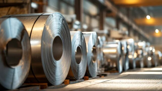 Rolls of galvanized steel sheet inside the factory or warehouse.